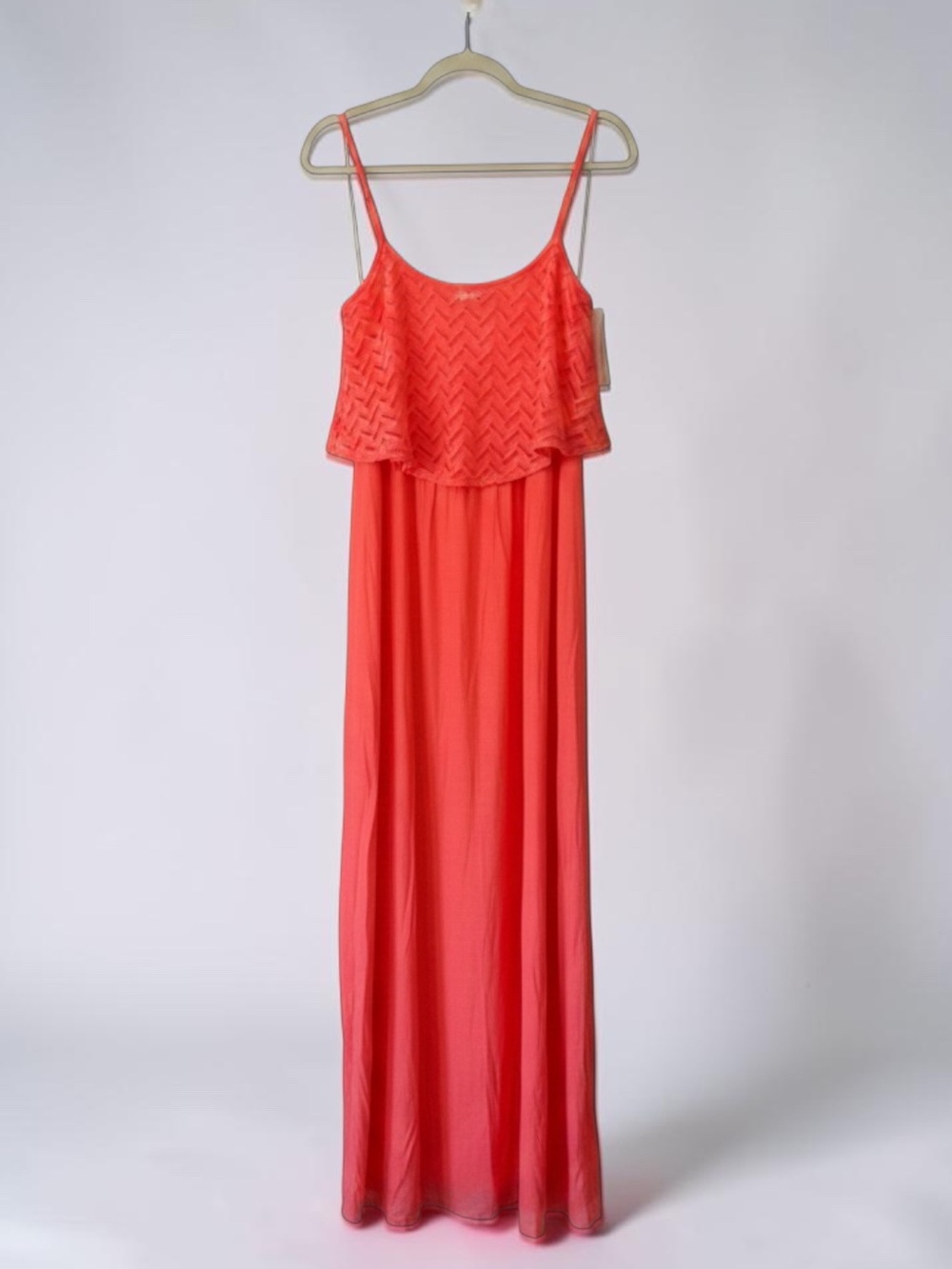 NWT Trixxi Girl Coral Layered Ruffle Maxi Dress with Adjustable Straps Size L